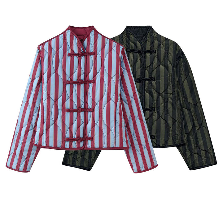Women Padded Jacket with Stand-up Collar, Striped Quilting and Knot Closures Amarae