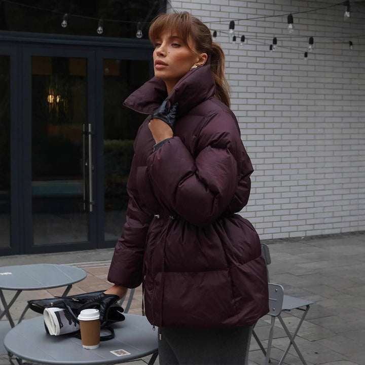 Women Padded Fitted Quilted Jacket with Drawstring & High Standing Collar Amarae