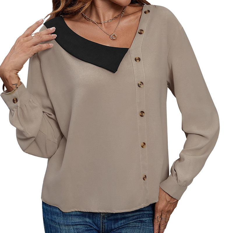 Blouse for women with asymmetrical collar and decorative button details Lune London
