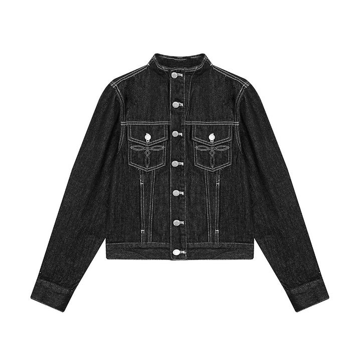 Women Tailored Denim Jacket with Stand-Up Collar, Decorative Seams and Metal Button Closure Amarae
