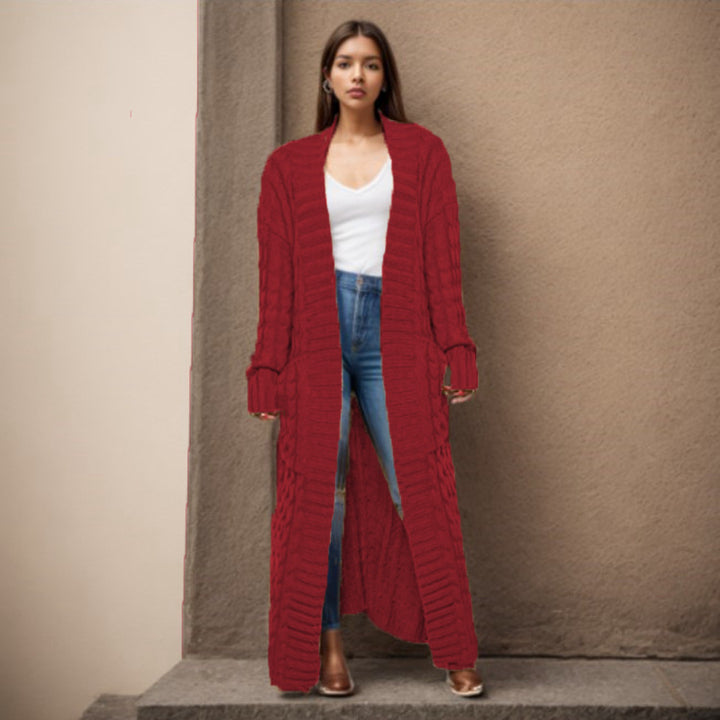 Ladies Long knit cardigan with structured twisted pattern and practical pockets Lune London