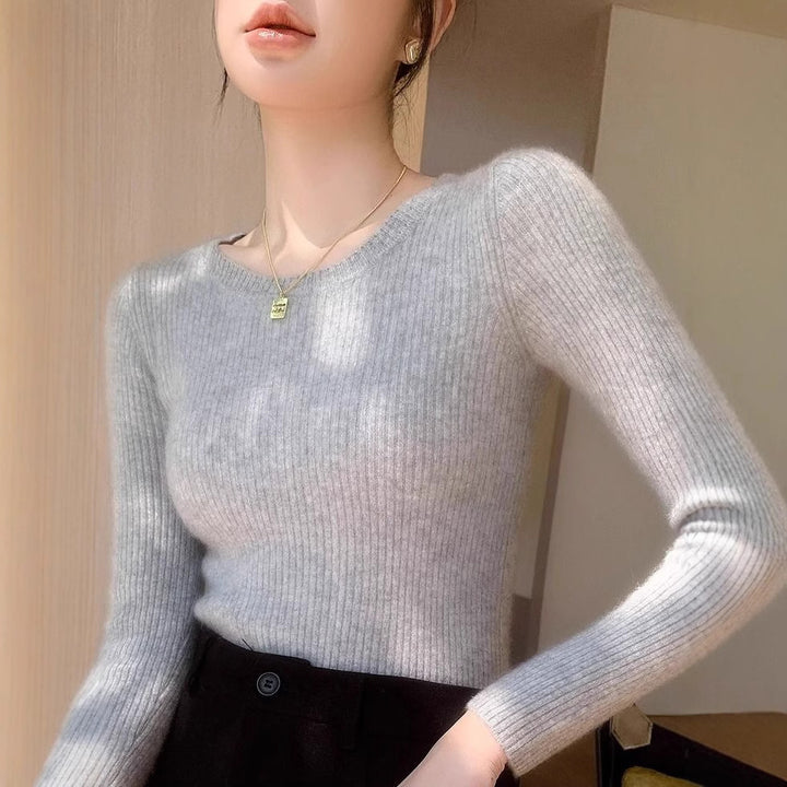 Pull-over en maille fine à côtes pour femmes avec col rond Chic & Stil