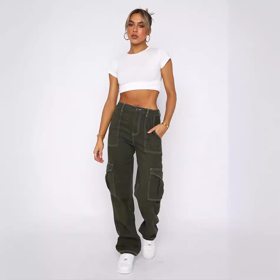 Women's Cargo Pants with Elastic Waistband and Practical Pockets Lune London