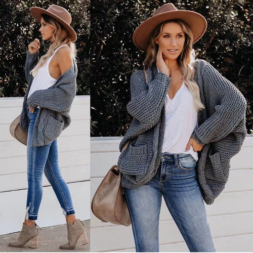 Women chunky knit cardigan with open pockets and relaxed fit Amarael