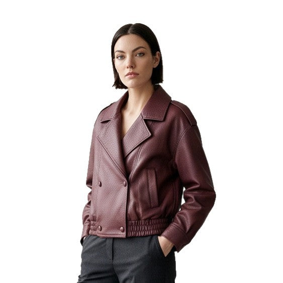 Women's Boxy Faux Leather Blouson with textured grain, double-breasted button placket & elastic hem Amarae