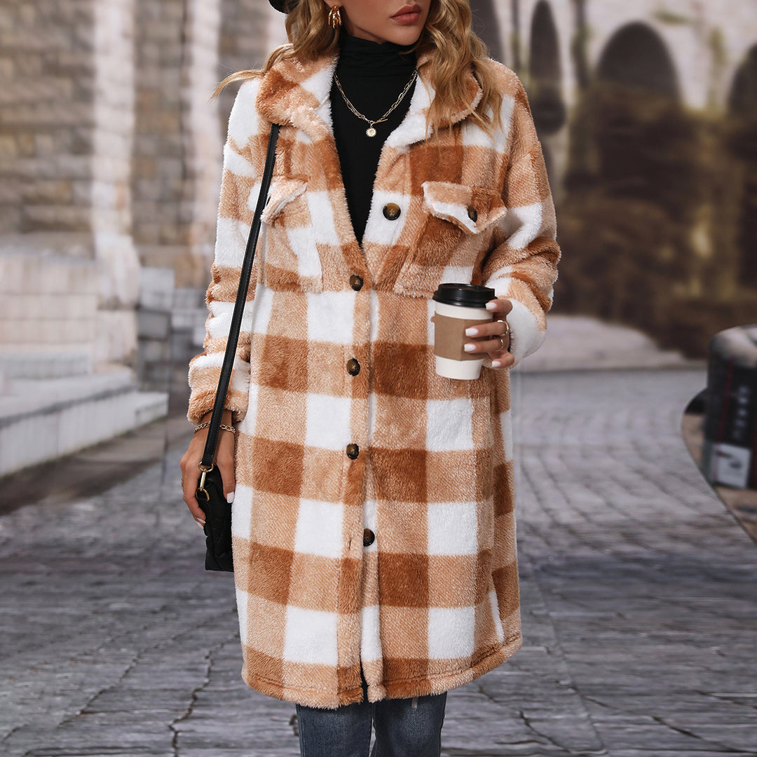 Ladies winter velvet jacket with checked design and practical pockets Amarae