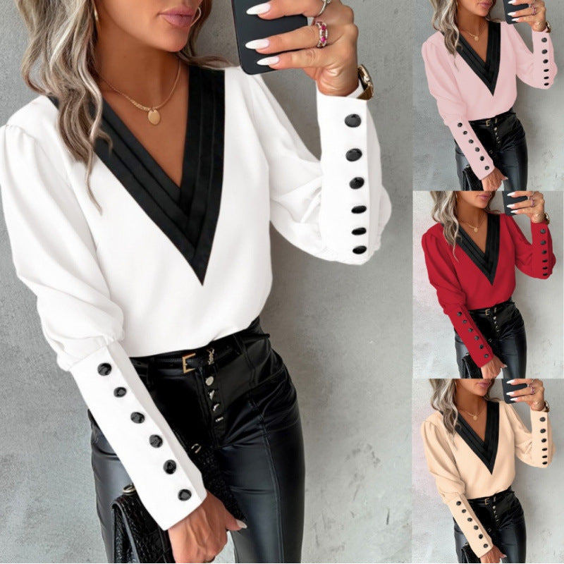 Women Elegant Blouse Cut with V Neck and Puff Sleeves Lune London