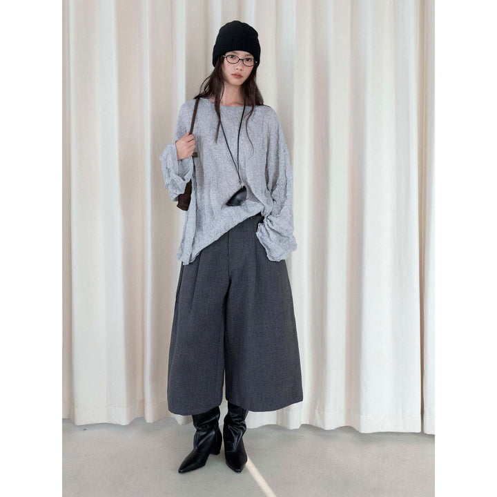 Women's High-Waisted Culotte Pants in Wool Look with Pleats and Wide Leg Amarae