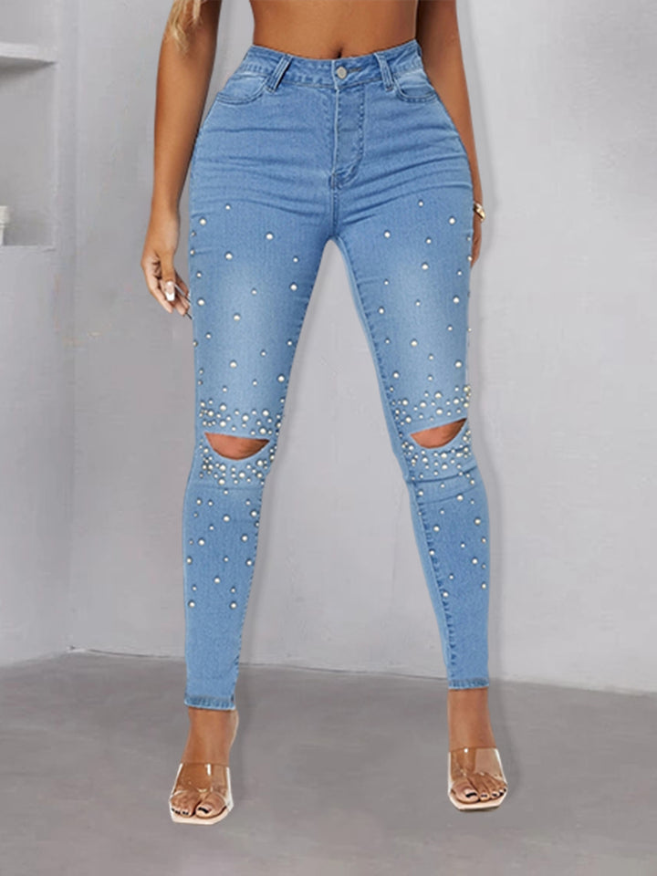 Women pearl-embellished high-waist skinny jeans with knee cutouts Amarae