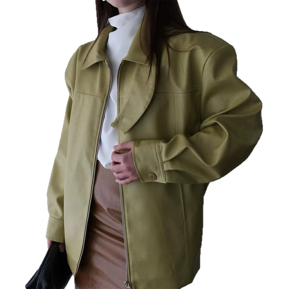 Women's Boxy Faux Leather Jacket with High Stand Collar, Front Zip and Waist Belt Amarae