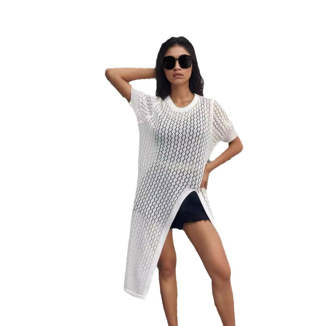 Ladies long knitted kimono with open design and breathable mesh structure Lune London