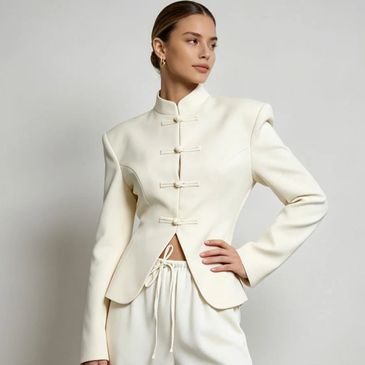 Women's Sculpted Blazer with Stand Collar, Decorative Knot Closures and Tailored Silhouette Amarae