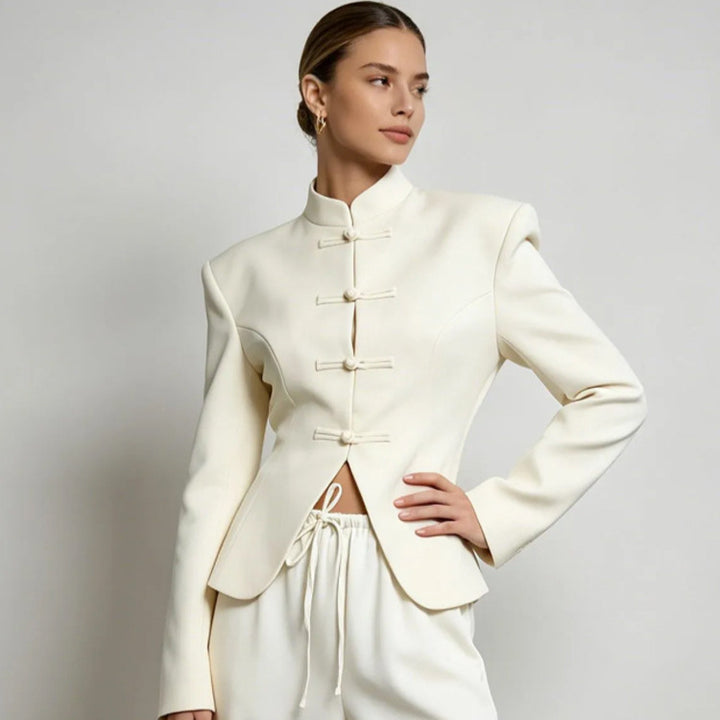 Women's Sculpted Blazer with Stand Collar, Decorative Knot Closures and Tailored Silhouette Amarae