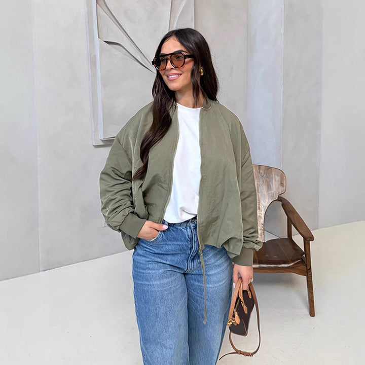 Women Oversize Bomber Jacket with drawstring, ribbed cuffs and lightweight nylon finish Amarae