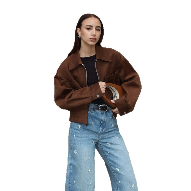 Ladies Short Suede Look Jacket with Zipper and Oversized Sleeves Amarae