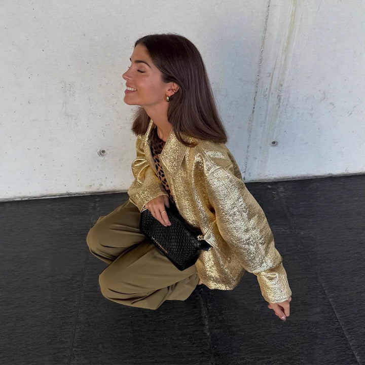 Women Short Textured Metallic Bomber Jacket with Boxy Silhouette Amarae