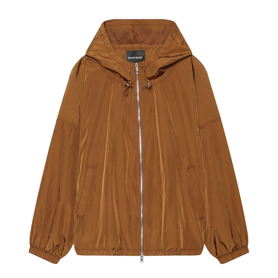 Women's Lightweight Hooded Wind Jacket made of Shiny Nylon with Drawstring and Two-Way Zipper Amarae