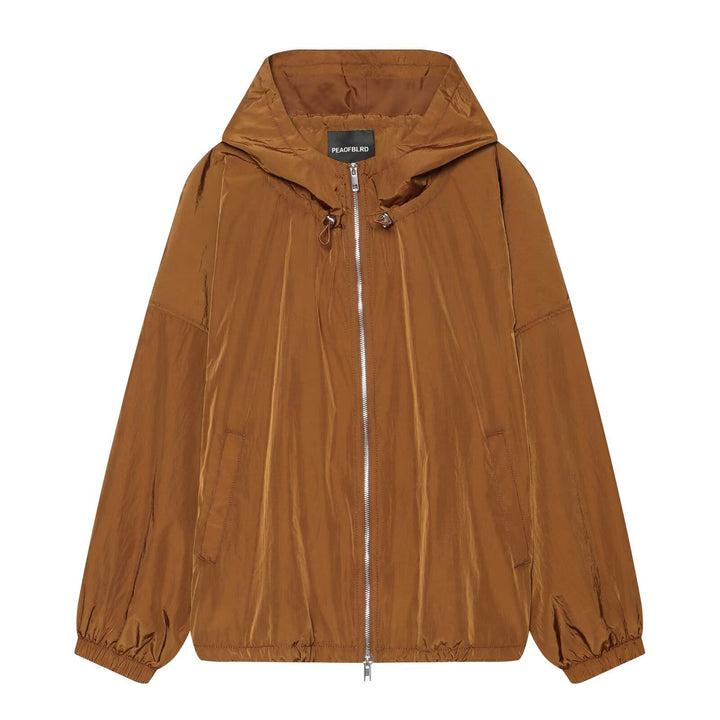 Women's Lightweight Hooded Wind Jacket made of Shiny Nylon with Drawstring and Two-Way Zipper Amarae