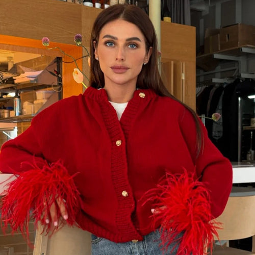 Casual knitted jacket for women with decorative fringes and high-quality buttons Amarae