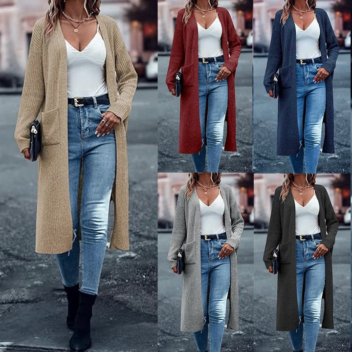 Long knit coat for women with structured design and practical pockets Lune London