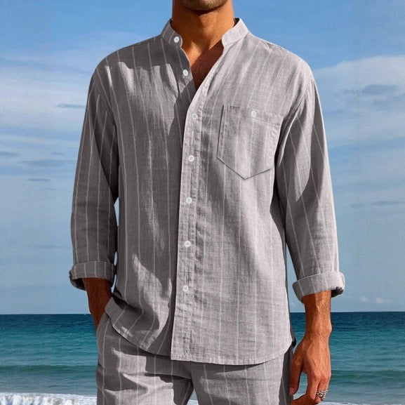 Men's long sleeve shirt with modern stand-up collar and fine striped pattern Lune London