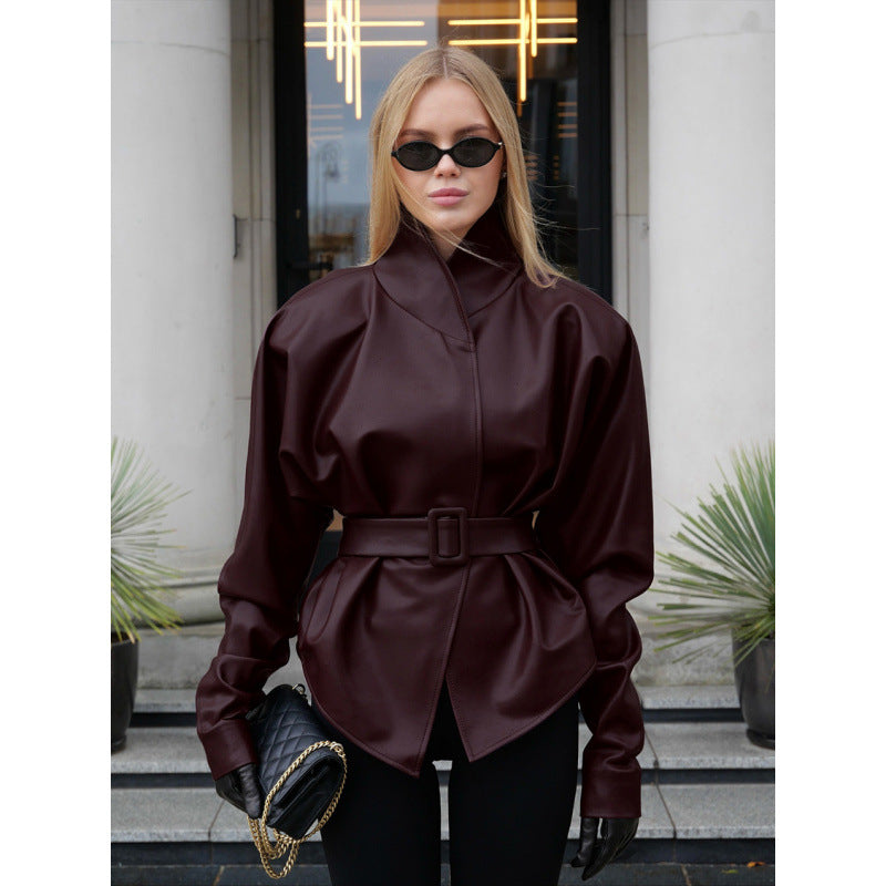 Women's leather look jacket with fitted belt and high stand-up collar Amarae