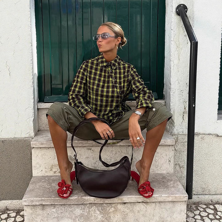 Ladies Checked Shirt Blouse with Drawstring Waist and Loose Fit Amarae