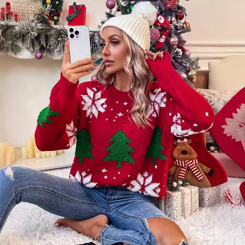Festive Christmas sweater for women with a detailed design of Christmas tree Amarae