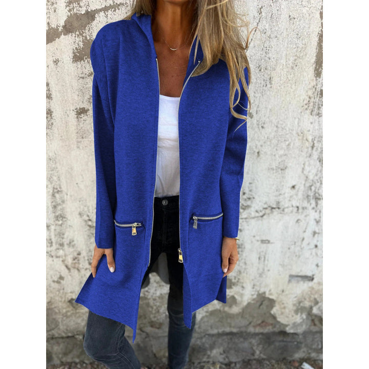 Women’s Hooded Long Cardigan with Full Zip and Decorative Pockets Amarae