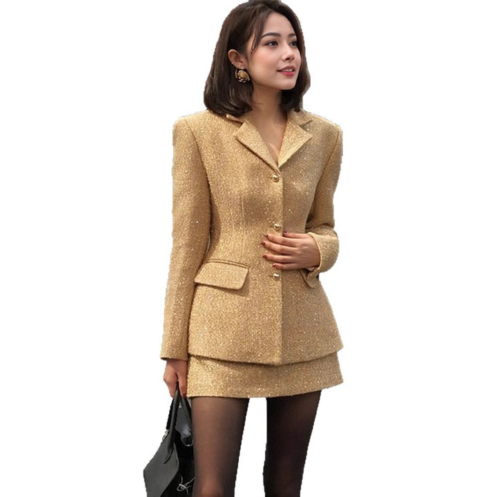 Women's Two-Piece Boucle Tweed Blazer and Mini Skirt Set with Tailored Silhouette Amarae