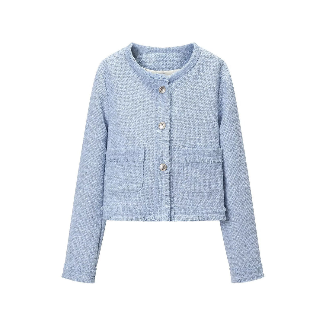 Women's Cropped Boucle Jacket with Round Neckline, Fringed Trim and Patch Pockets Amarae