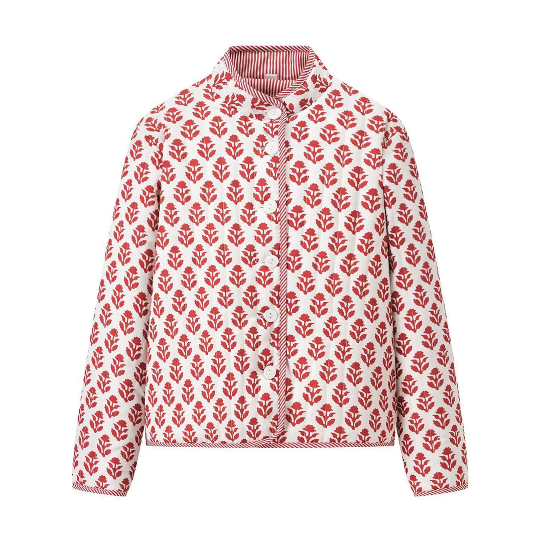 Quilted bomber jacket for women with floral pattern and practical buttons Lune London