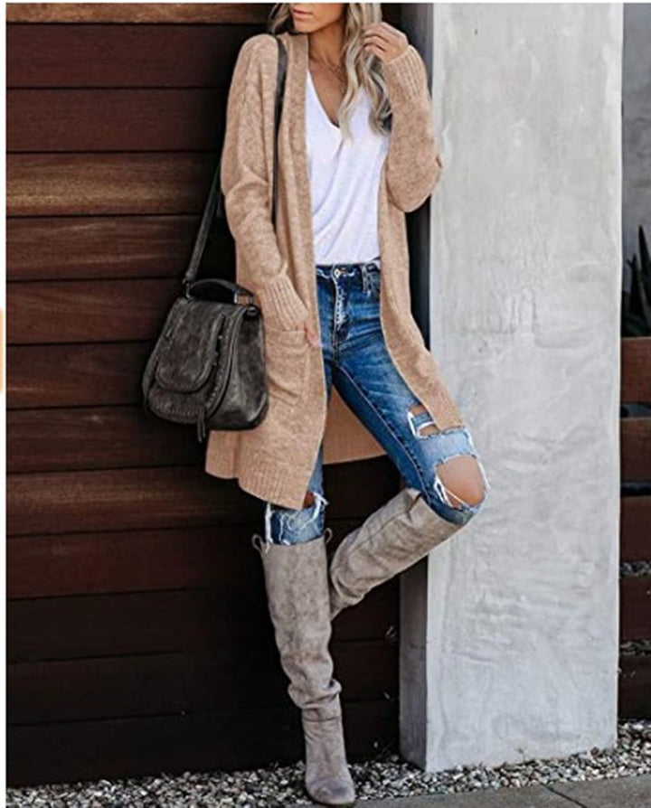 Women Long knitted cardigan with open front and cozy texture Lune London
