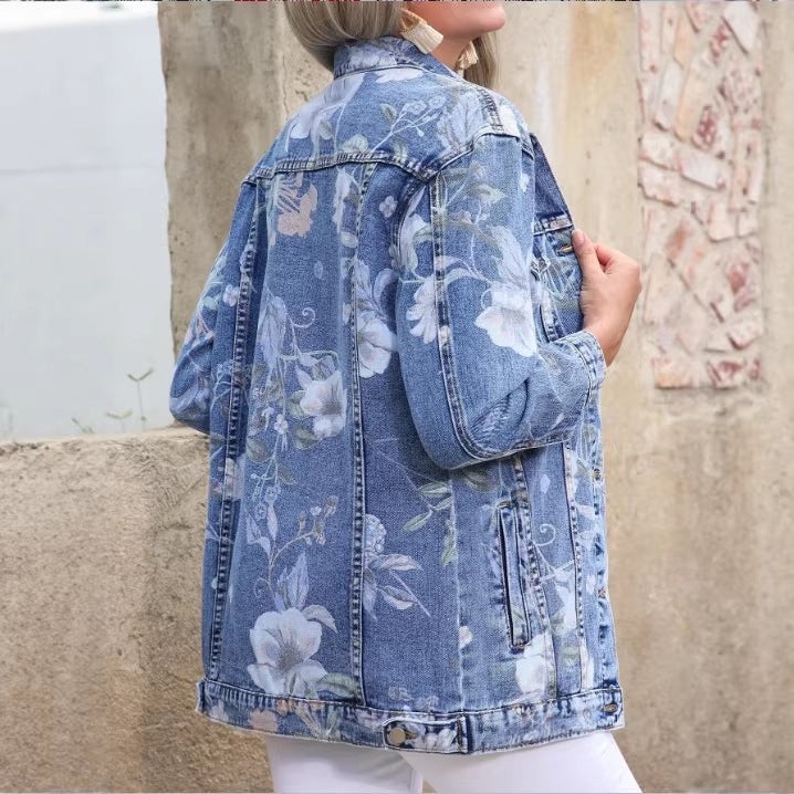 Women’s Longer Denim Jacket with Floral Allover Print, Chest Flap Pockets, and Casual Oversized Fit Amarae