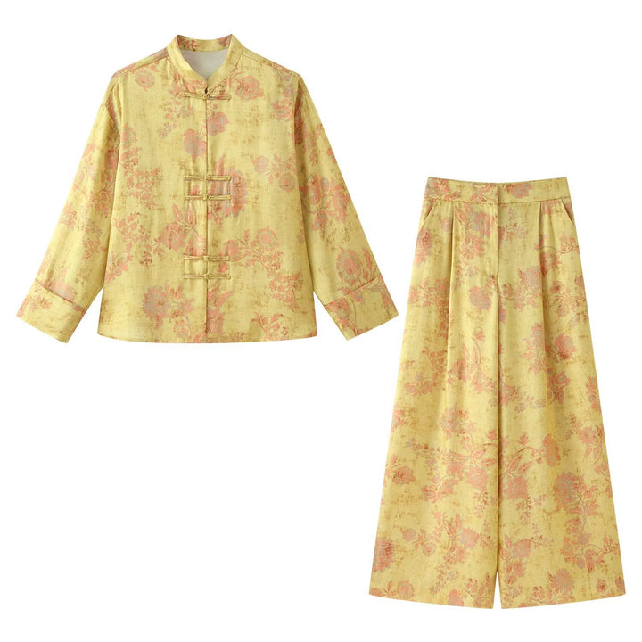 Ladies high-waisted wide palazzo pants made of brocade with floral jacquard pattern Amarae