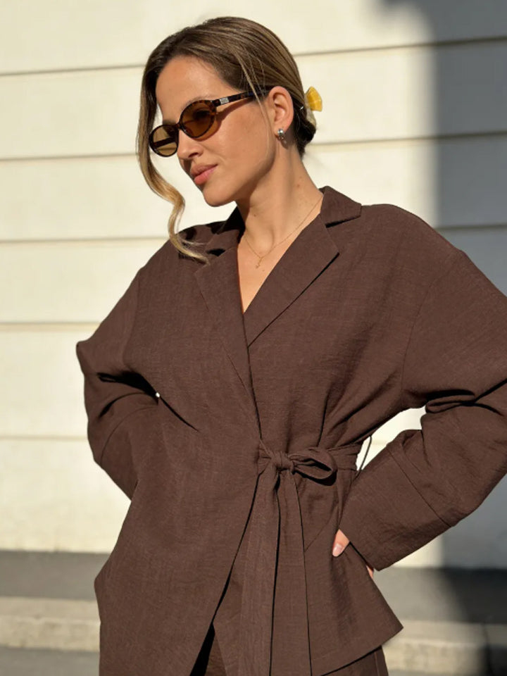 Women's Wrap Blazer with Tying Belt, Casual Oversized Cut and Lapel Collar Amarae