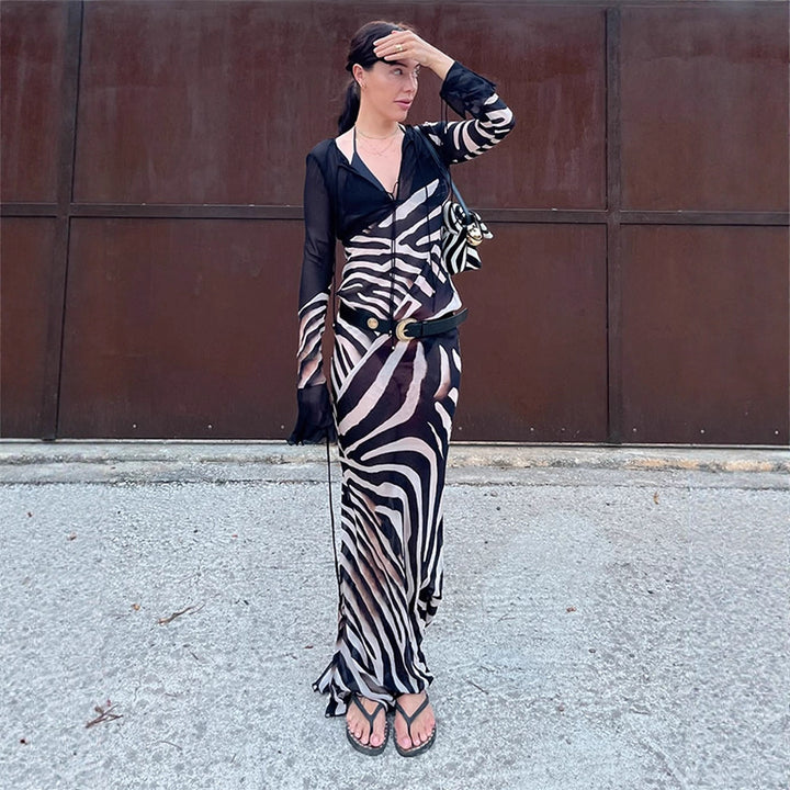 Women's body-hugging mesh maxi dress with deep V-neckline & graphic zebra print Amarae
