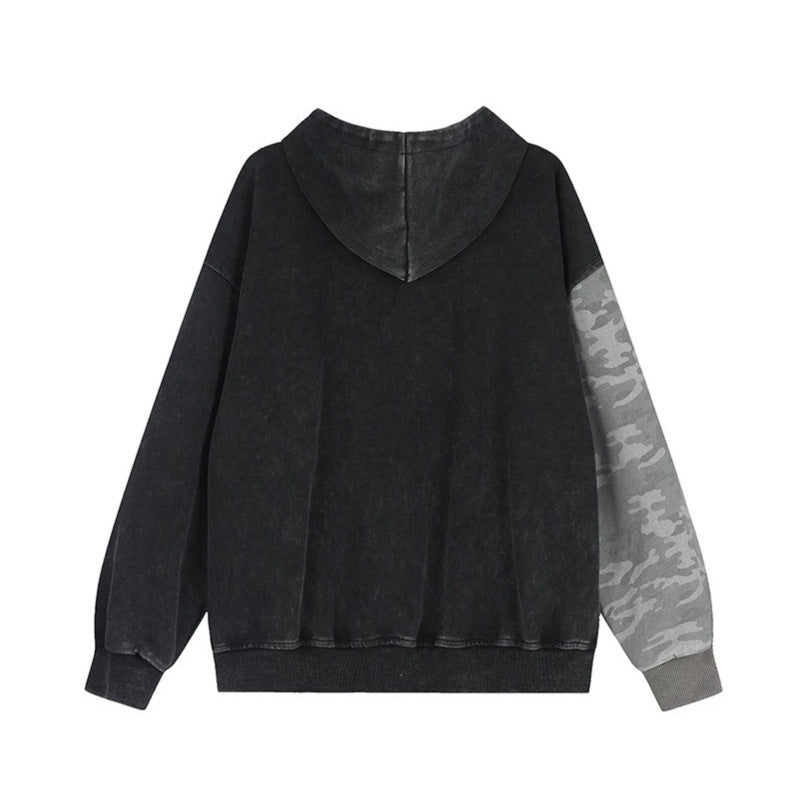 Unisex Oversize Hooded Zip Jacket with Camouflage Sleeves, Washed Effect and Raised Front Embroidery Amarae