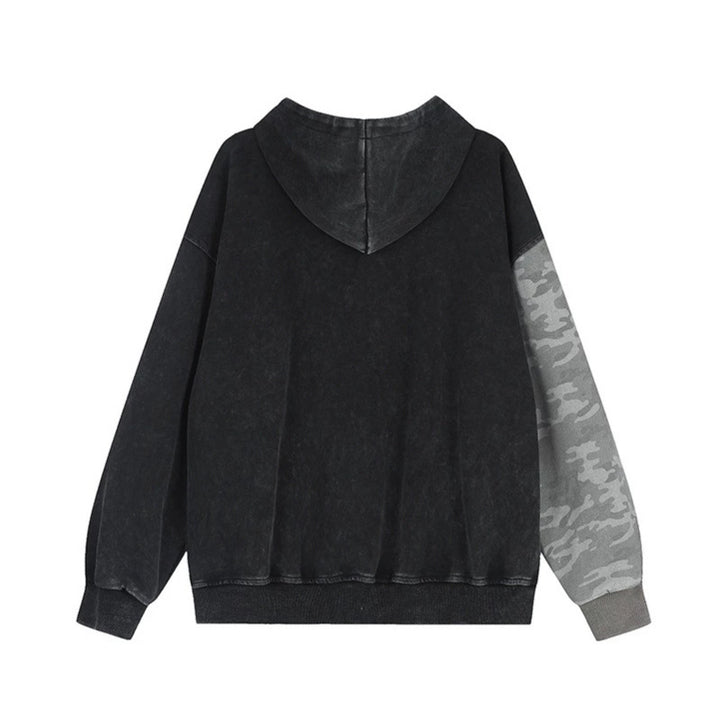 Unisex Oversize Hooded Zip Jacket with Camouflage Sleeves, Washed Effect and Raised Front Embroidery Amarae