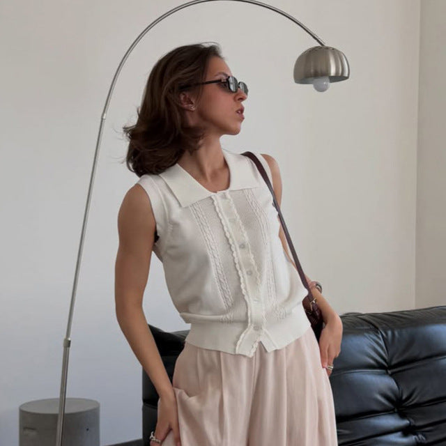 Women's Sleeveless Knit Top with Shirt Collar, Decorative Button Placket and Fine Texturing Amarae