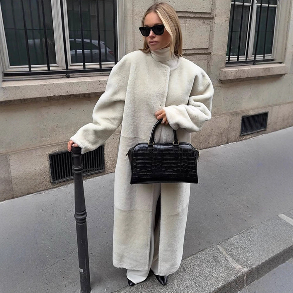 Women's Oversize Longer Faux Fur Coat with Waist Belt and Stand-up Collar Amarae