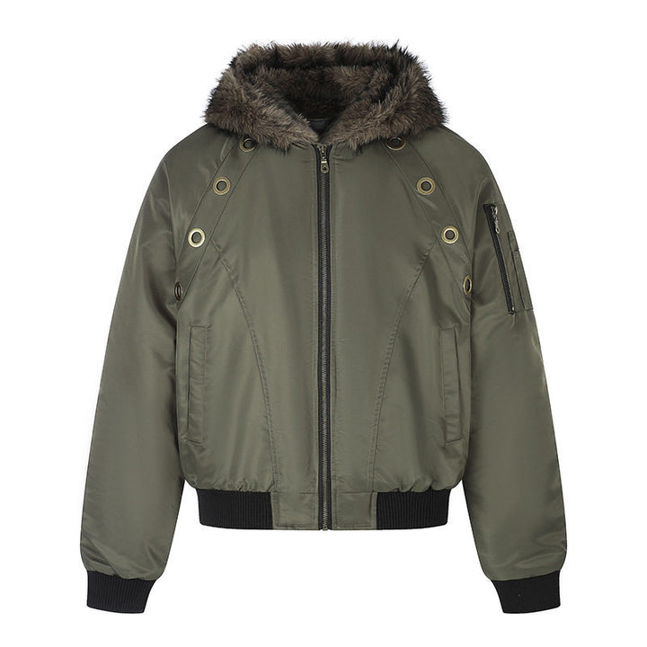 Women's short-cut bomber jacket with faux fur hood and eyelet application Amarae