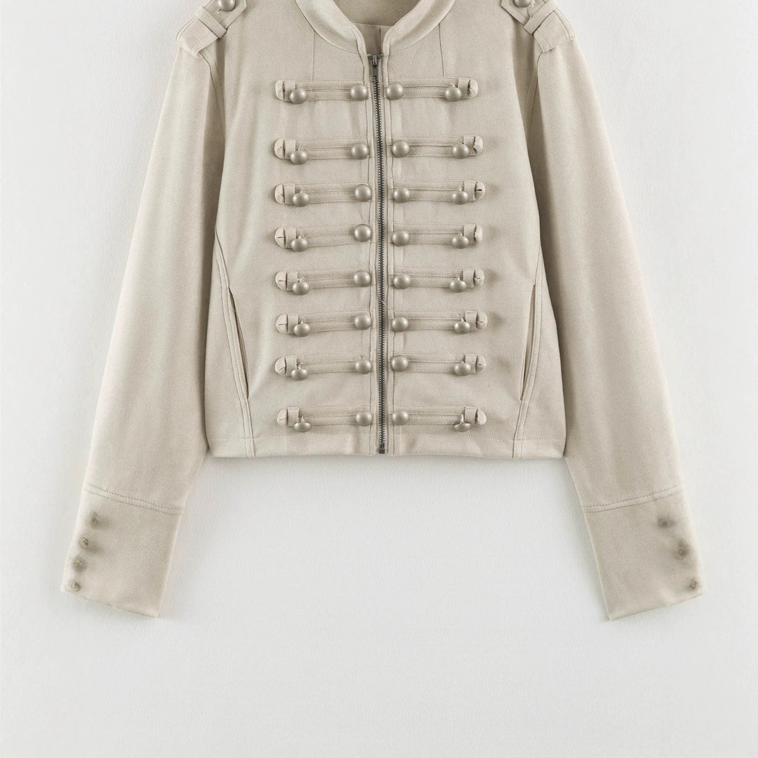 Women Short Military Jacket with Decorative Button Placket and Stand Collar Amarae