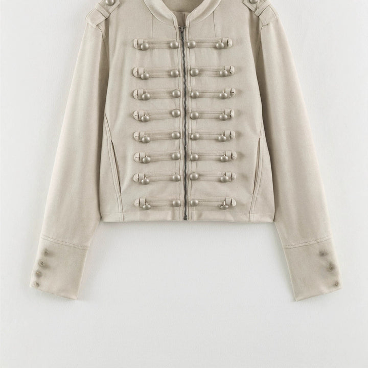 Women Short Military Jacket with Decorative Button Placket and Stand Collar Amarae