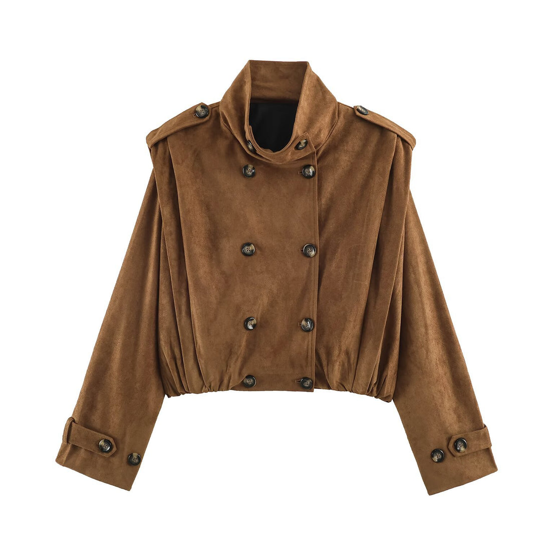Women's Short-Cut Double-Breasted Suede-Look Bomber with Stand-Up Collar and Shoulder Patches Amarae