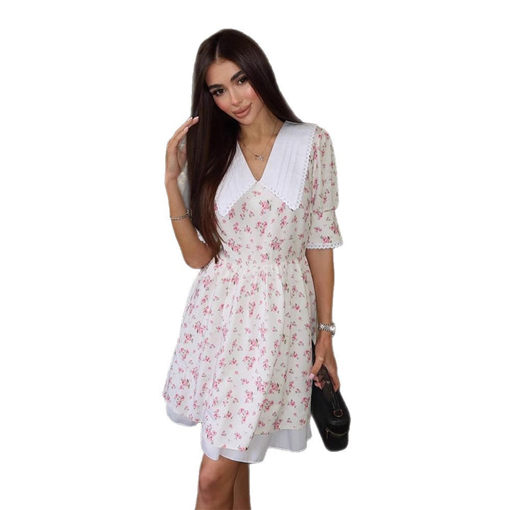 Ladies Romantic Mini Dress with Oversized V-Neck, Ruching and Floral Print Amarae