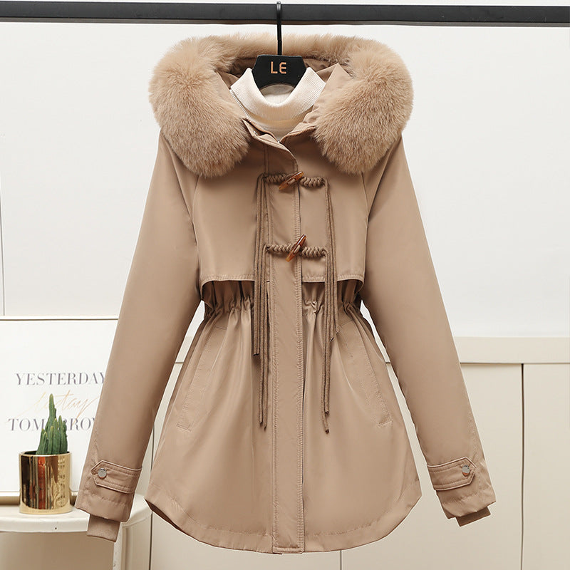 Ladies winter down jacket with a removable faux fur collar and a drawstring waist Lune London