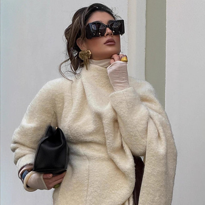 Women's Oversized Wool Mix Poncho with Asymmetrical Fall and Ties Amarae