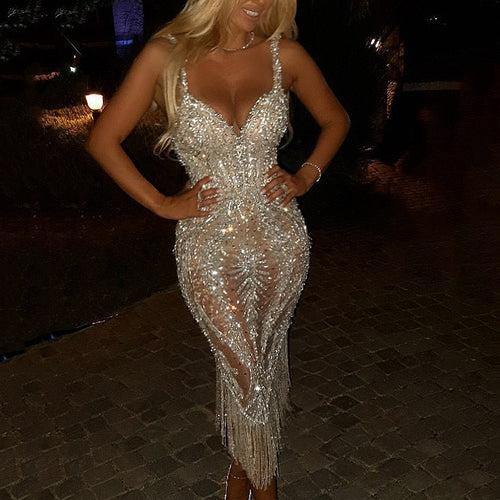 Ladies Glamorous Evening Dress with Sparkling Sequins and Fringes Amarae