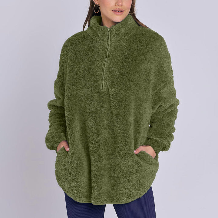 Women Fluffy Oversized Sherpa Pullover with Half Zip and Kangaroo Pockets Amarae